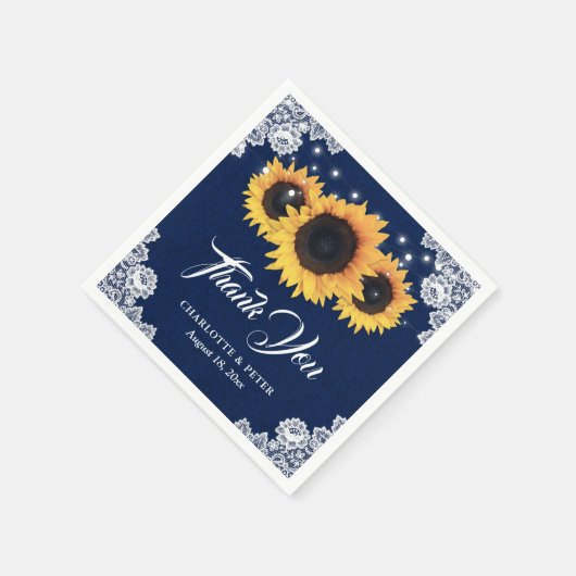 Rustic Burlap Lace Sunflower Navy Blue Wedding Serviette (Ecke)
