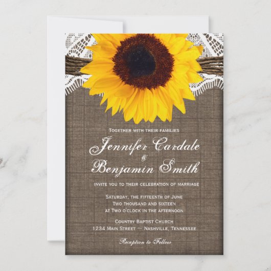 Rustic Burlap Lace Sunflower Wedding Einladungen (Vorderseite)