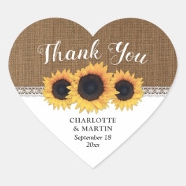 Rustic Burlap Lace Sunflower Wedding Thank You Herz-Aufkleber