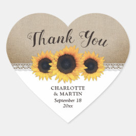 Rustic Burlap Lace Sunflower Wedding Thank You Herz-Aufkleber