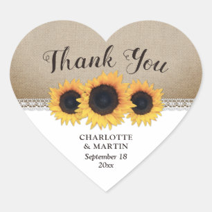 Rustic Burlap Lace Sunflower Wedding Thank You Herz-Aufkleber