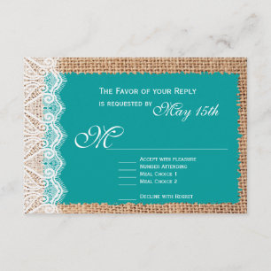 Rustic Burlap Lace Turquoise Wedding RSVP Cards