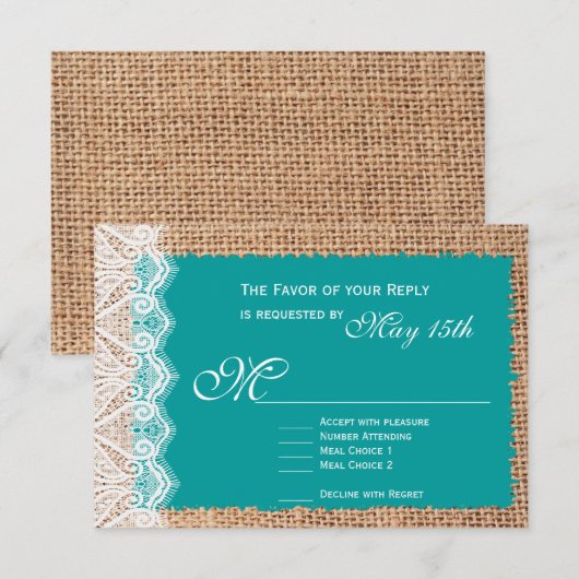 Rustic Burlap Lace Turquoise Wedding RSVP Cards (Vorne/Hinten)