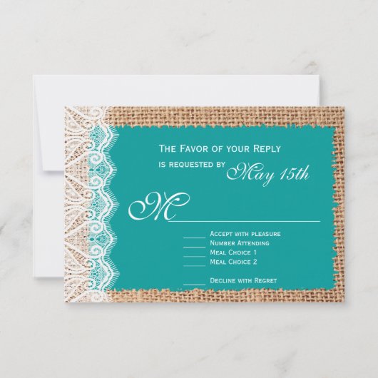 Rustic Burlap Lace Turquoise Wedding RSVP Cards Karte (Vorderseite)