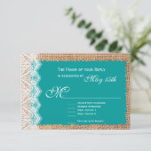 Rustic Burlap Lace Turquoise Wedding RSVP Cards Karte (Stehend Vorderseite)