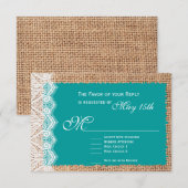 Rustic Burlap Lace Turquoise Wedding RSVP Cards Karte (Vorne/Hinten)