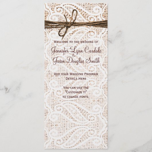 Rustic Burlap Lace Twine Country Wedding Programm (Vorderseite)