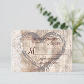 Rustic Burlap Lace Twine Heart Wedding RSVP Card (Stehend Vorderseite)