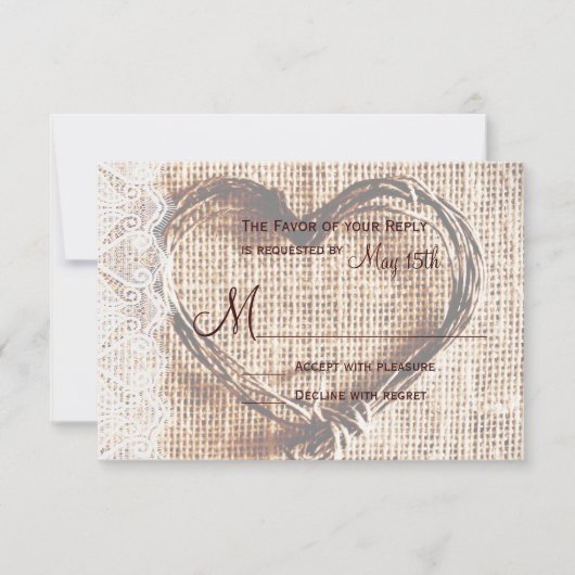 Rustic Burlap Lace Twine Heart Wedding RSVP Card Karte (Vorderseite)
