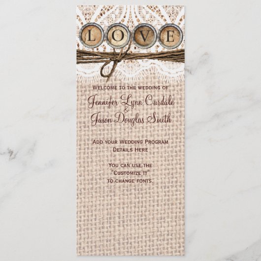 Rustic Burlap Lace Twine LIEBE Wedding Programm (Vorderseite)