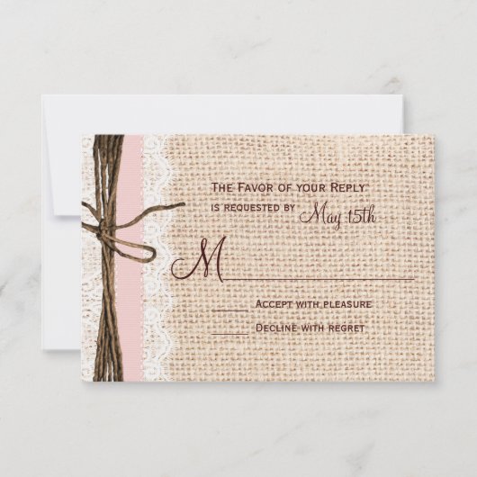 Rustic Burlap Lace Twine Pink Ribbon Wedding RSVP (Vorderseite)
