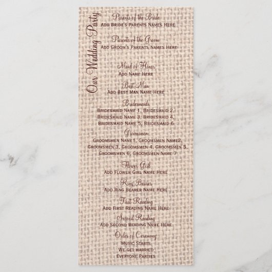 Rustic Burlap Lace Twine Sunflower Wedding Program Programm (Rückseite)