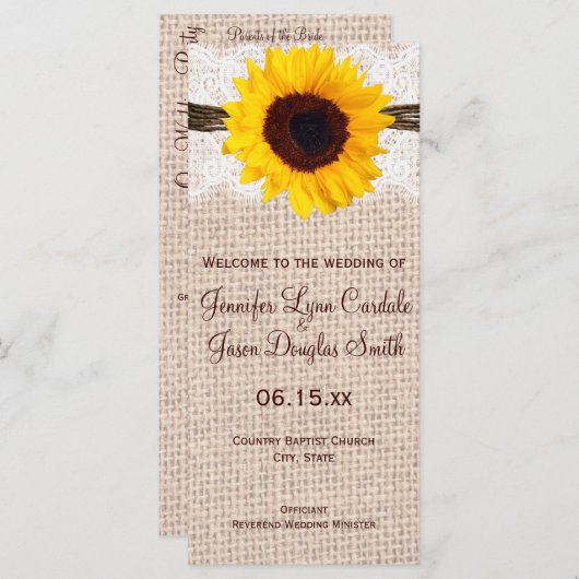 Rustic Burlap Lace Twine Sunflower Wedding Program Programm (Vorne/Hinten)