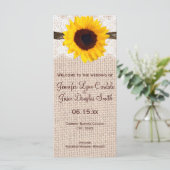 Rustic Burlap Lace Twine Sunflower Wedding Program Programm (Stehend Vorderseite)