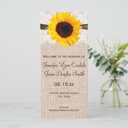 Rustic Burlap Lace Twine Sunflower Wedding Program Programm (Stehend Vorderseite)