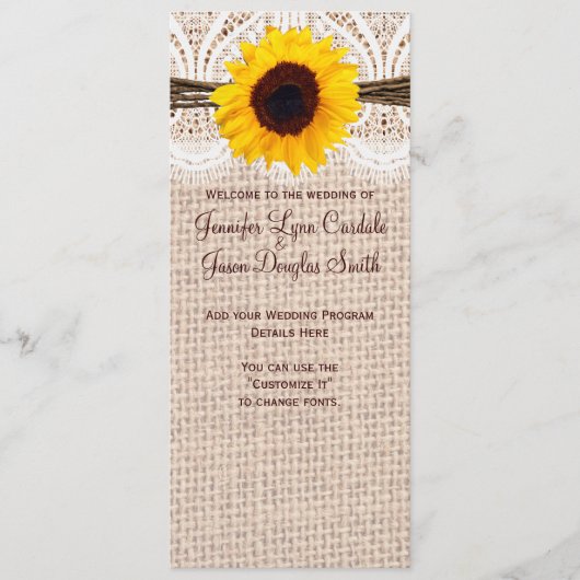 Rustic Burlap Lace Twine Sunflower Wedding Program Programm (Vorderseite)