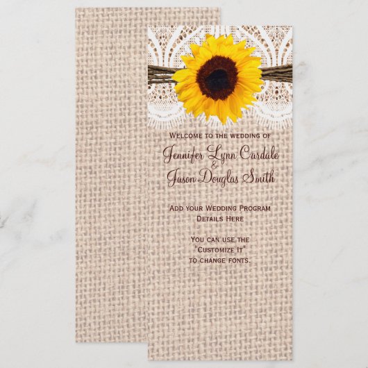 Rustic Burlap Lace Twine Sunflower Wedding Program Programm (Vorne/Hinten)