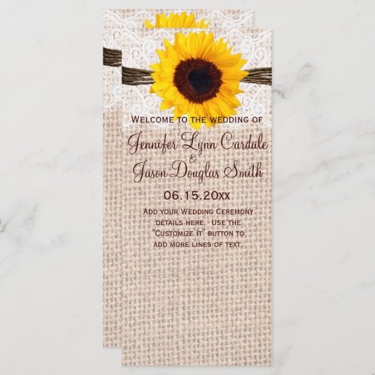 Rustic Burlap Lace Twine Sunflower Wedding Program Programm (Vorne/Hinten)