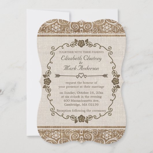 Rustic Burlap Lace Wedding Einladung (Vorderseite)