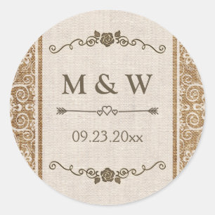 Rustic Burlap Lace Wedding Monogram Runder Aufkleber