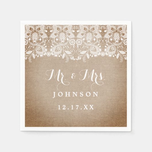 Rustic Burlap Lace Wedding Paper Napkins Serviette (Vorderseite)
