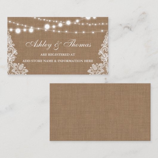 Rustic Burlap Lace Wedding Registry Insert Card (Vorne/Hinten)