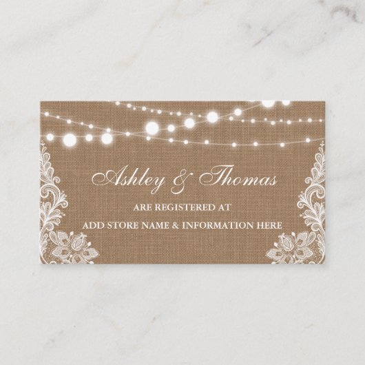 Rustic Burlap Lace Wedding Registry Insert Card (Vorderseite)