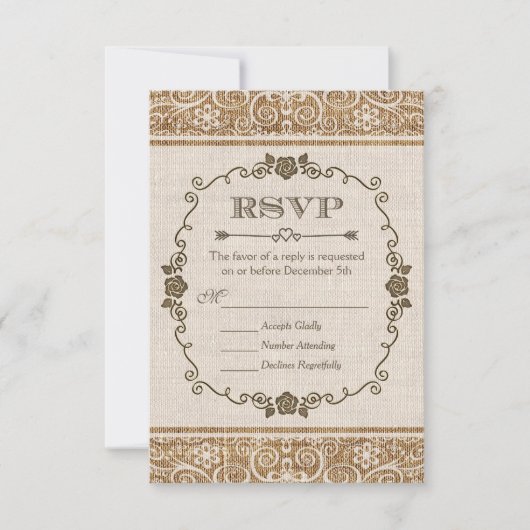 Rustic Burlap Lace Wedding RSVP Karte (Vorderseite)