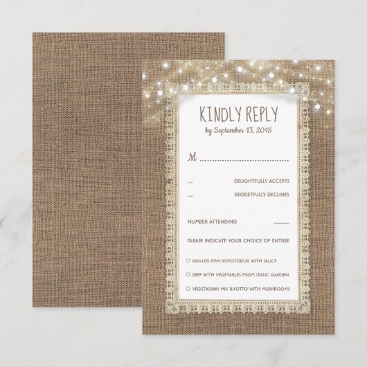 Rustic Burlap Lace Wedding RSVP Karte (Vorne/Hinten)