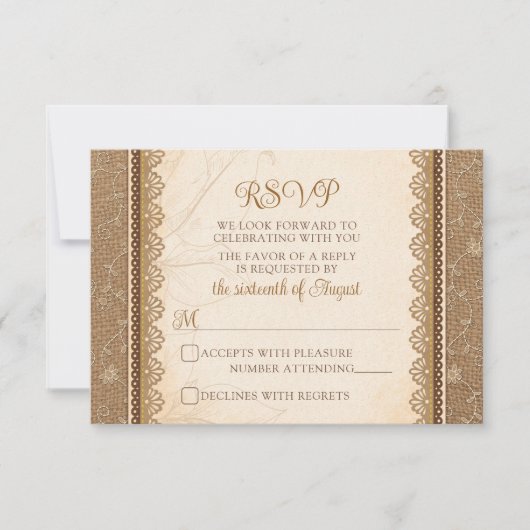 Rustic Burlap Lace Wedding RSVP Karte (Vorderseite)