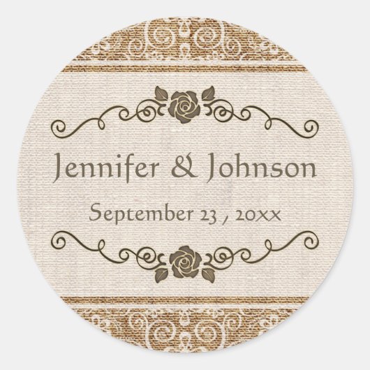 Rustic Burlap Lace Wedding Runder Aufkleber (Vorderseite)