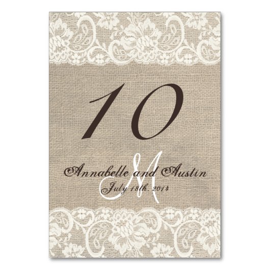 Rustic Burlap Lace Wedding Table Card Tischnummer (Vorderseite)