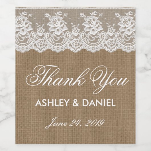 Rustic Burlap Lace Wedding Wine & Sparkling Wine L Weinetikett (Einzelnes Label)