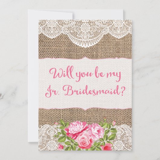 Rustic Burlap Lace Werden Sie mein Jr Bridesmaid Einladung (Vorderseite)