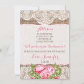 Rustic Burlap Lace Werden Sie mein Jr Bridesmaid Einladung (Rückseite)