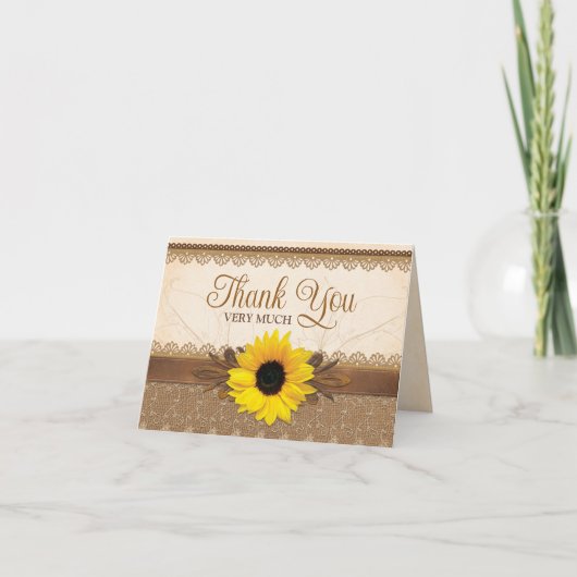 Rustic Burlap Lace Wood Sunflower Wedding Dankeskarte (Vorderseite)