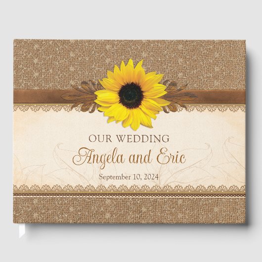 Rustic Burlap Lace Wood Sunflower Wedding Gästebuch (Vorderseite)