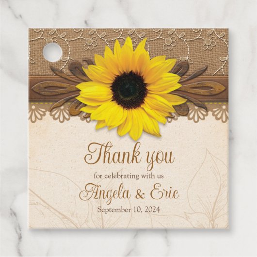 Rustic Burlap Lace Wood Sunflower Wedding Geschenkanhänger (Vorderseite)