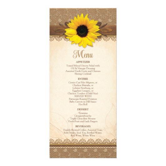 Rustic Burlap Lace Wood Sunflower Wedding Menü (Vorne)