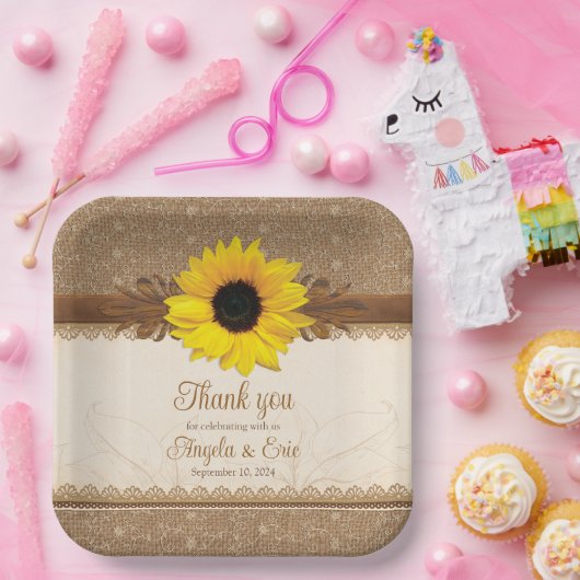 Rustic Burlap Lace Wood Sunflower Wedding Pappteller (Party)
