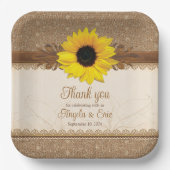 Rustic Burlap Lace Wood Sunflower Wedding Pappteller (Vorderseite)