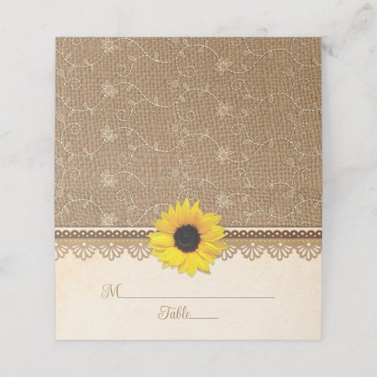 Rustic Burlap Lace Wood Sunflower Wedding Platzkarte (Außenseite Aufgefaltet)