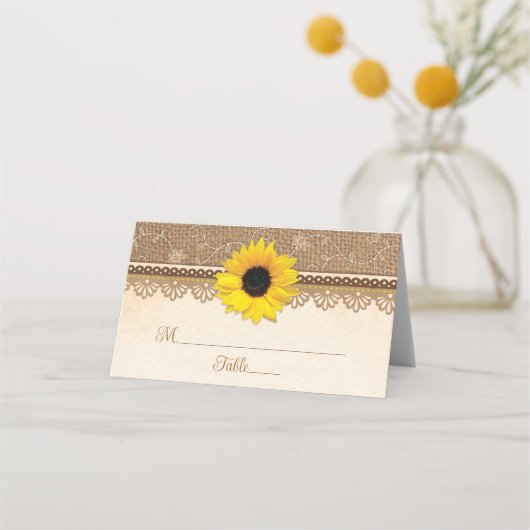 Rustic Burlap Lace Wood Sunflower Wedding Platzkarte (Vorderseite)