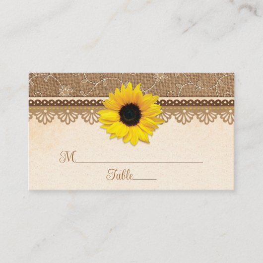 Rustic Burlap Lace Wood Sunflower Wedding Platzkarte (Vorderseite)