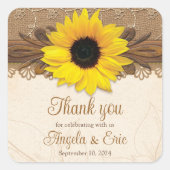Rustic Burlap Lace Wood Sunflower Wedding Quadratischer Aufkleber (Vorderseite)