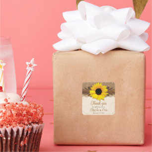 Rustic Burlap Lace Wood Sunflower Wedding Quadratischer Aufkleber