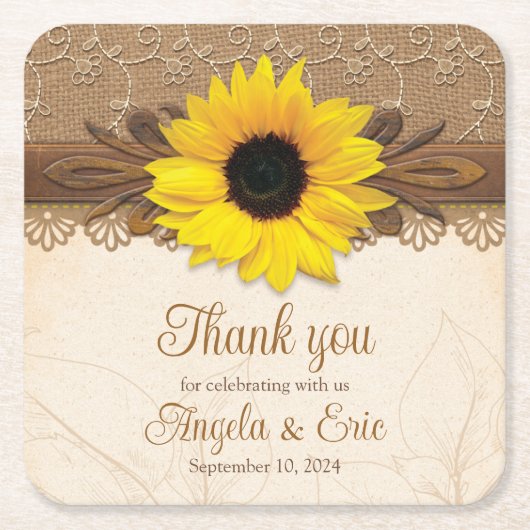 Rustic Burlap Lace Wood Sunflower Wedding Rechteckiger Pappuntersetzer (Vorderseite)