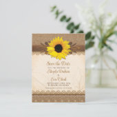 Rustic Burlap Lace Wood Sunflower Wedding Save The Date (Stehend Vorderseite)