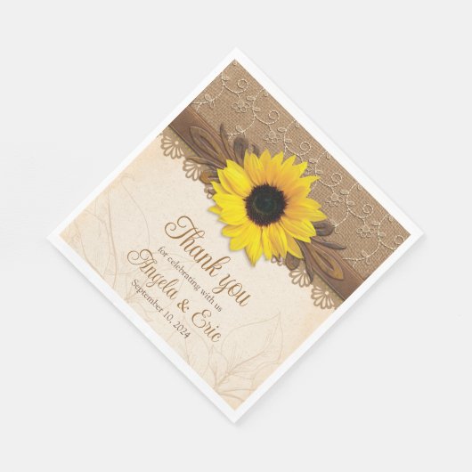 Rustic Burlap Lace Wood Sunflower Wedding Serviette (Ecke)