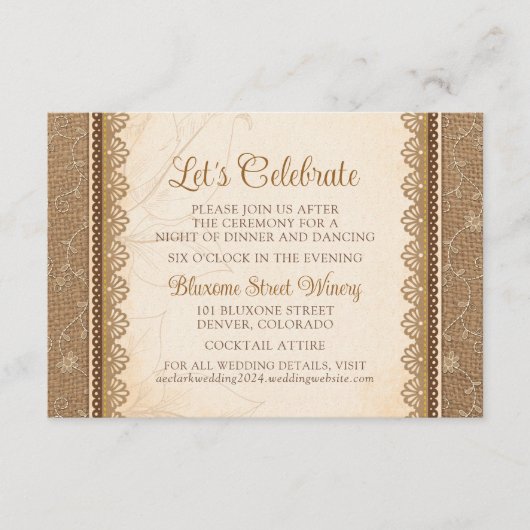 Rustic Burlap LaceWedding Empfang Website Begleitkarte (Vorderseite)